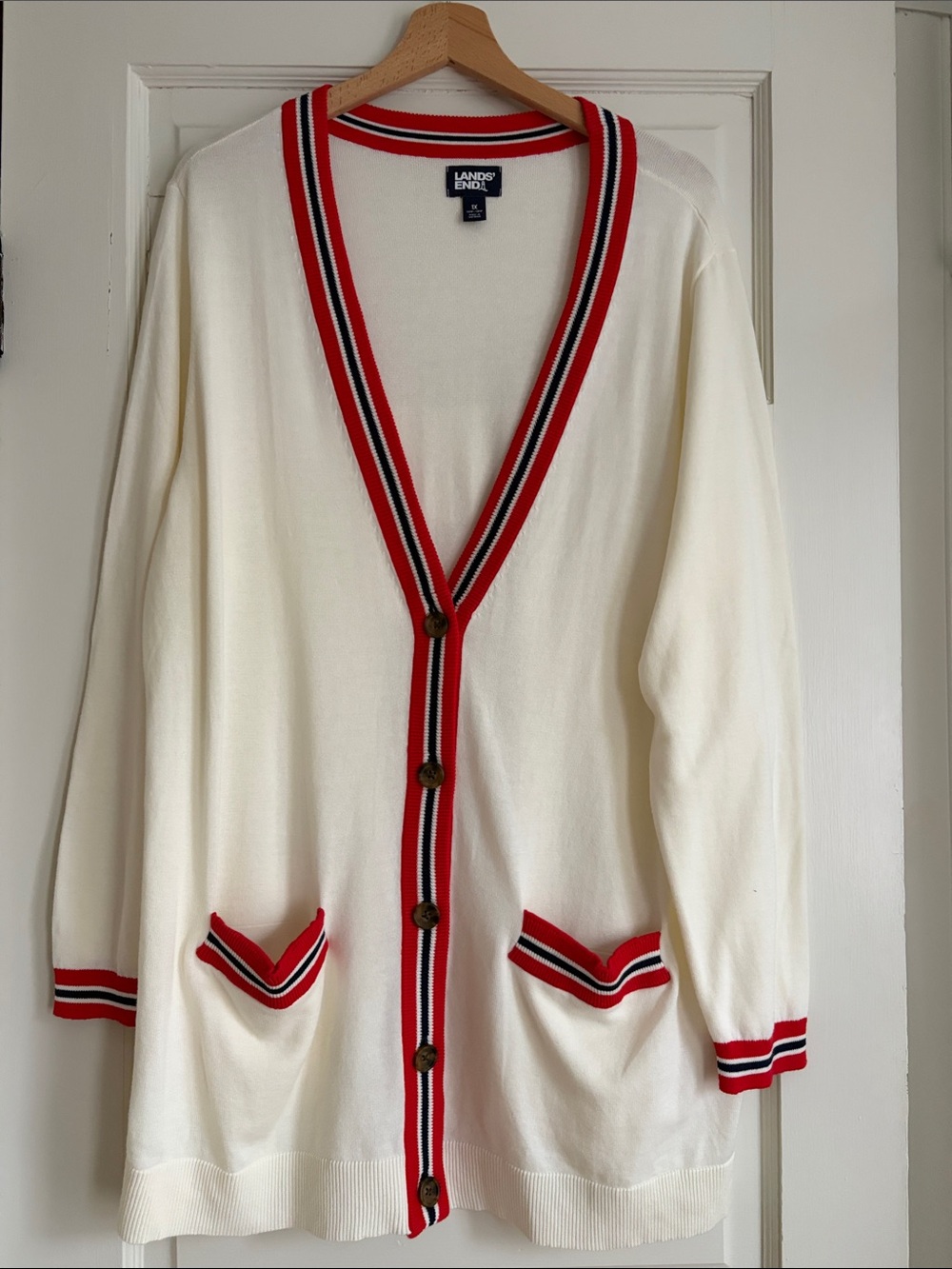 Varsity Style Oversized Cotton Cardigan Cream Red Black